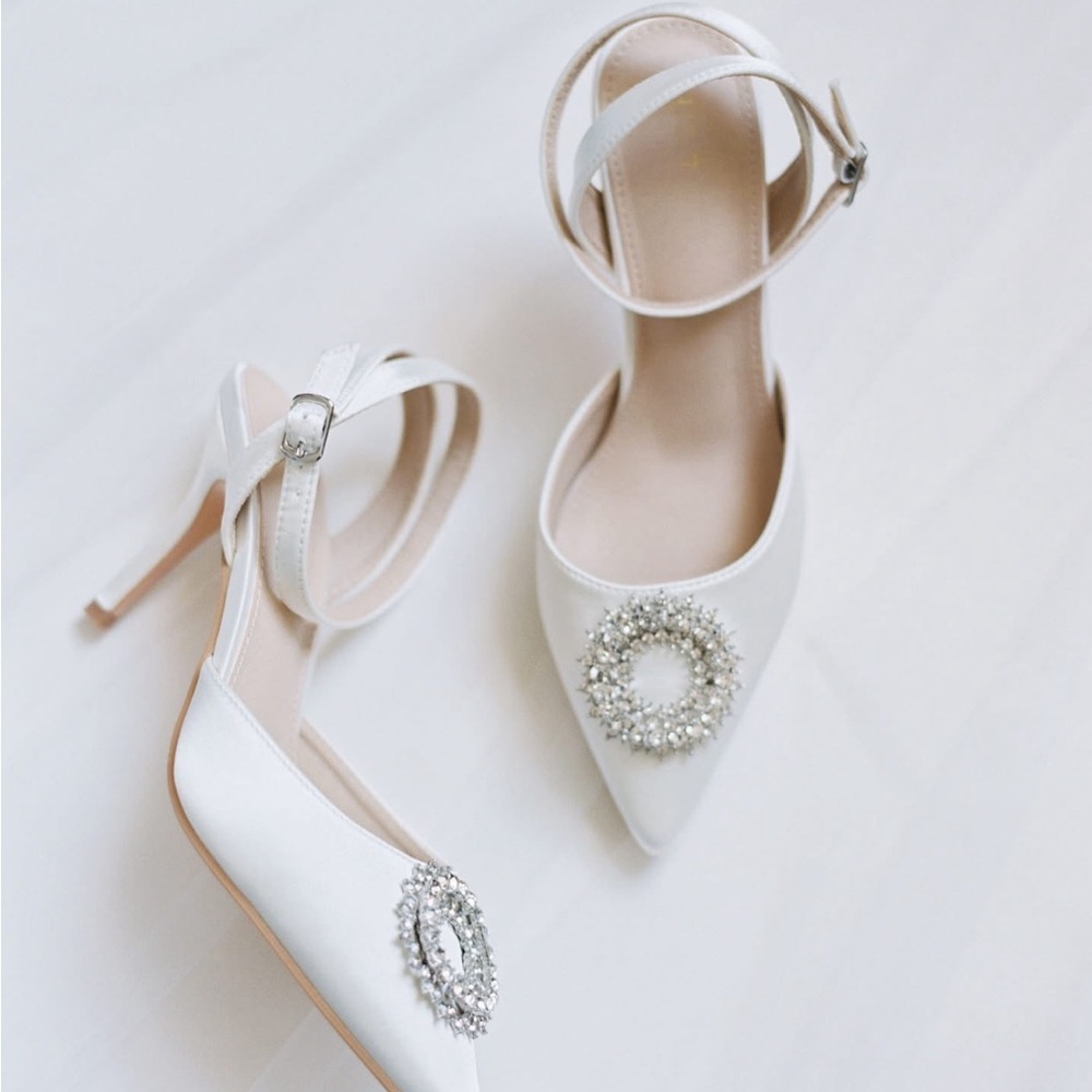 White Embellished Ankle Strap Satin Heels